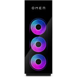 The Hyper X Omen by HP gaming PC is a black HP Omen computer tower with three forward facing vertically aligned RGB fans.