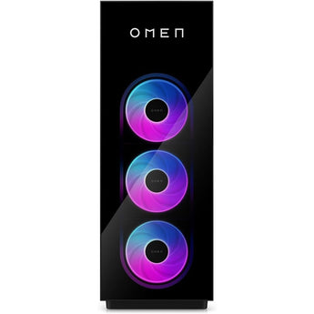 The Hyper X Omen by HP gaming PC is a black HP Omen computer tower with three forward facing vertically aligned RGB fans.