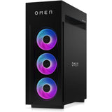 The Hyper X Omen by HP gaming PC is a black HP Omen computer tower with three forward facing vertically aligned RGB fans.