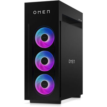 The Hyper X Omen by HP gaming PC is a black HP Omen computer tower with three forward facing vertically aligned RGB fans.