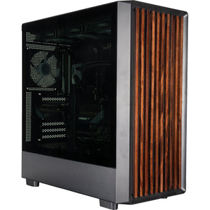 A modern gaming computer PC featuring a black side-panel glass window, a dark gray bottom base, and a front panel with vertical wood slats.