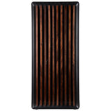 A prebuilt gaming PC front panel with vertical dark brown wood slats and a black frame.