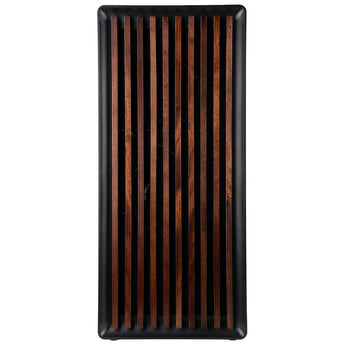 A prebuilt gaming PC front panel with vertical dark brown wood slats and a black frame.