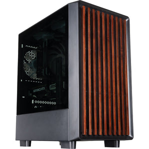 The Sentinel Micro gaming PC features vertical reddish-brown wood slats on the front panel and a tinted side glass panel.